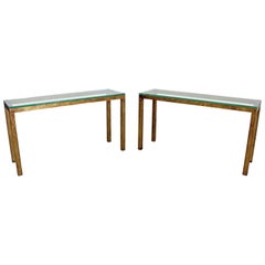 Pair of Gold Gilt Glass-Top Iron Designer Console Tables