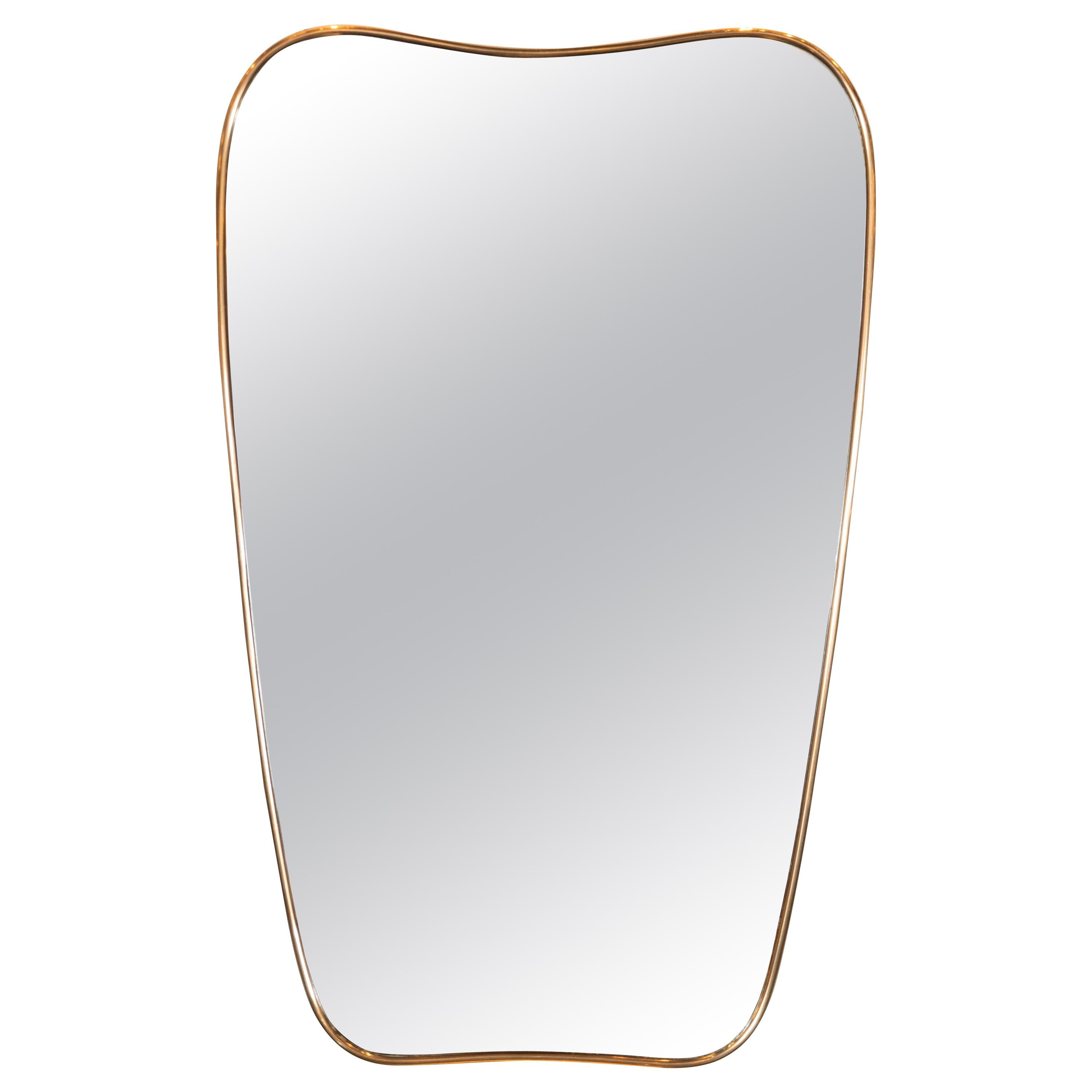 Italian Amorphic Mid-Century Modern Atomic Bowed Shield Form Brass Mirror