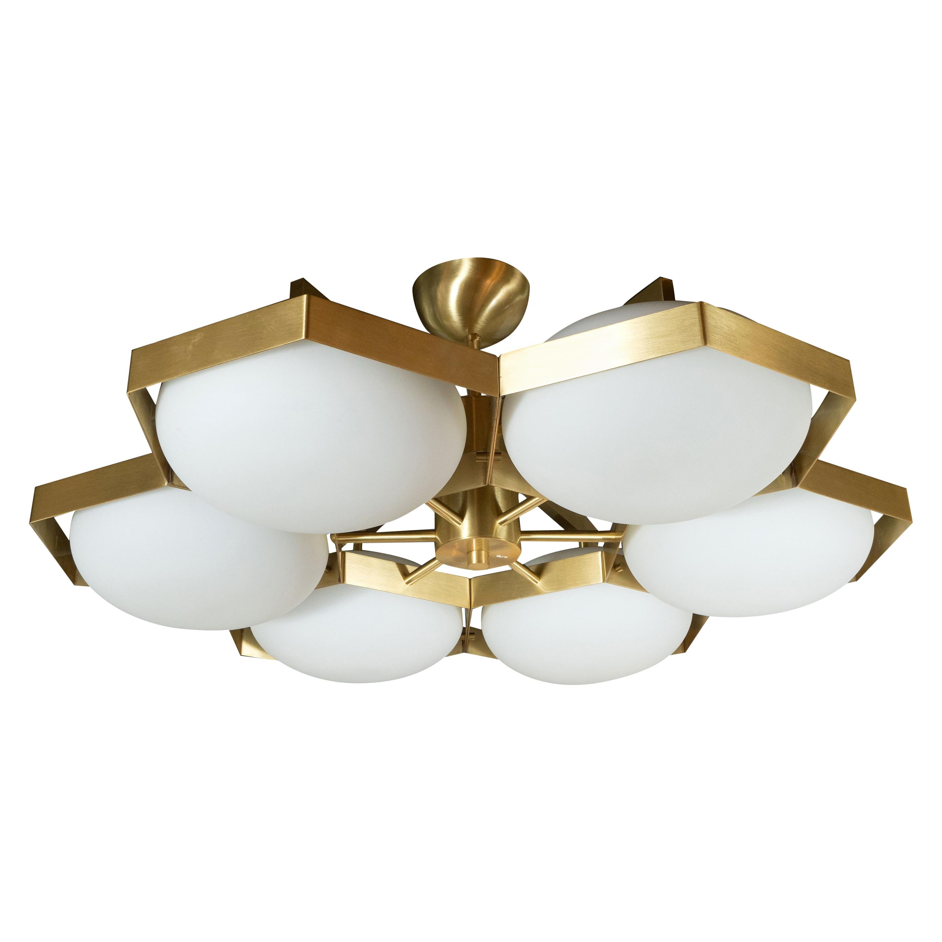 Modernist Six-Arm Brass and Hand Blown Murano "Honeycomb" Flush Mount Chandelier For Sale