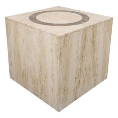 Midcentury Tesselated Limestone Side Table with Brass & Sable Limestone Inlay
