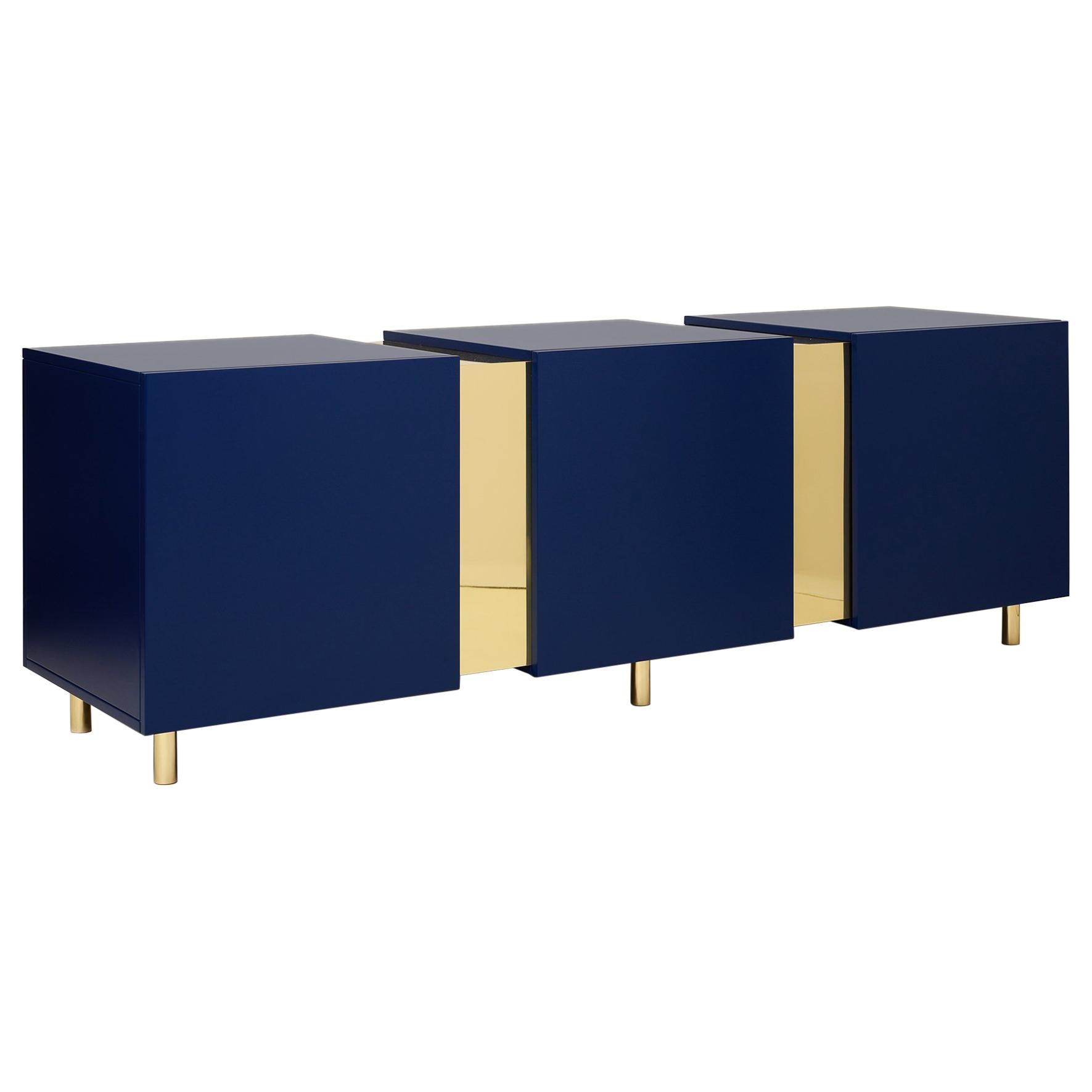 Blue Sideboard in Brass and Colorful Lacquered Wood, Geometric-Shaped For Sale