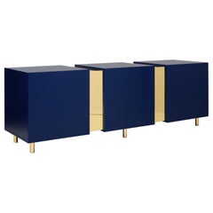 Blue Sideboard in Brass and Colorful Lacquered Wood, Geometric-Shaped