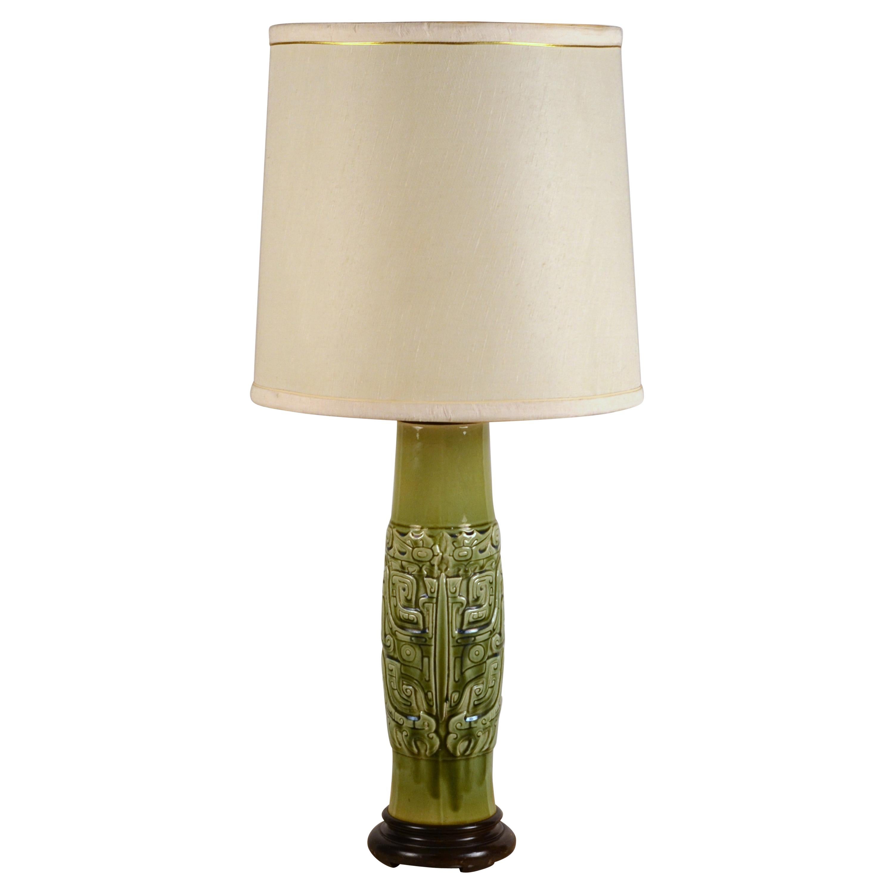Elegant Mayan Inspired Ceramic Lamp with Original Shade For Sale