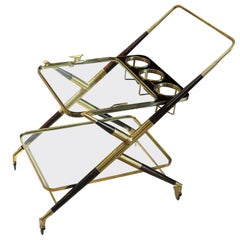 Midcentury Bar Cart in Brass, Glass and Mahogany