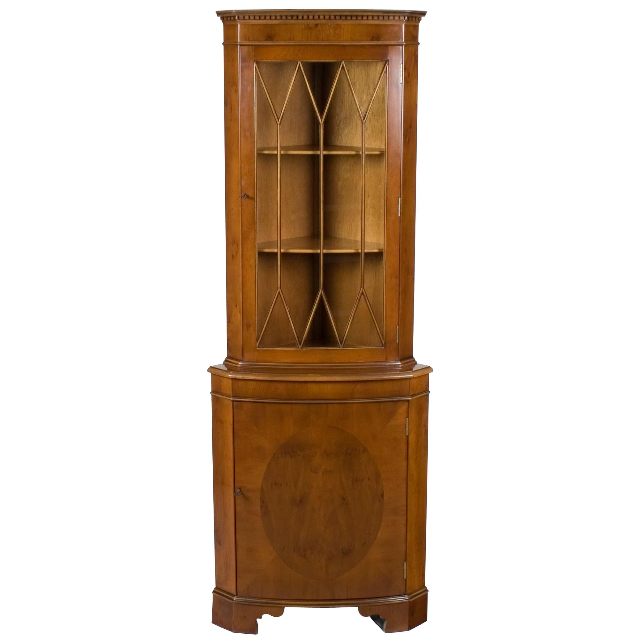 Yew Wood Single Door Narrow Tall Corner Cabinet Cupboard Hutch For Sale