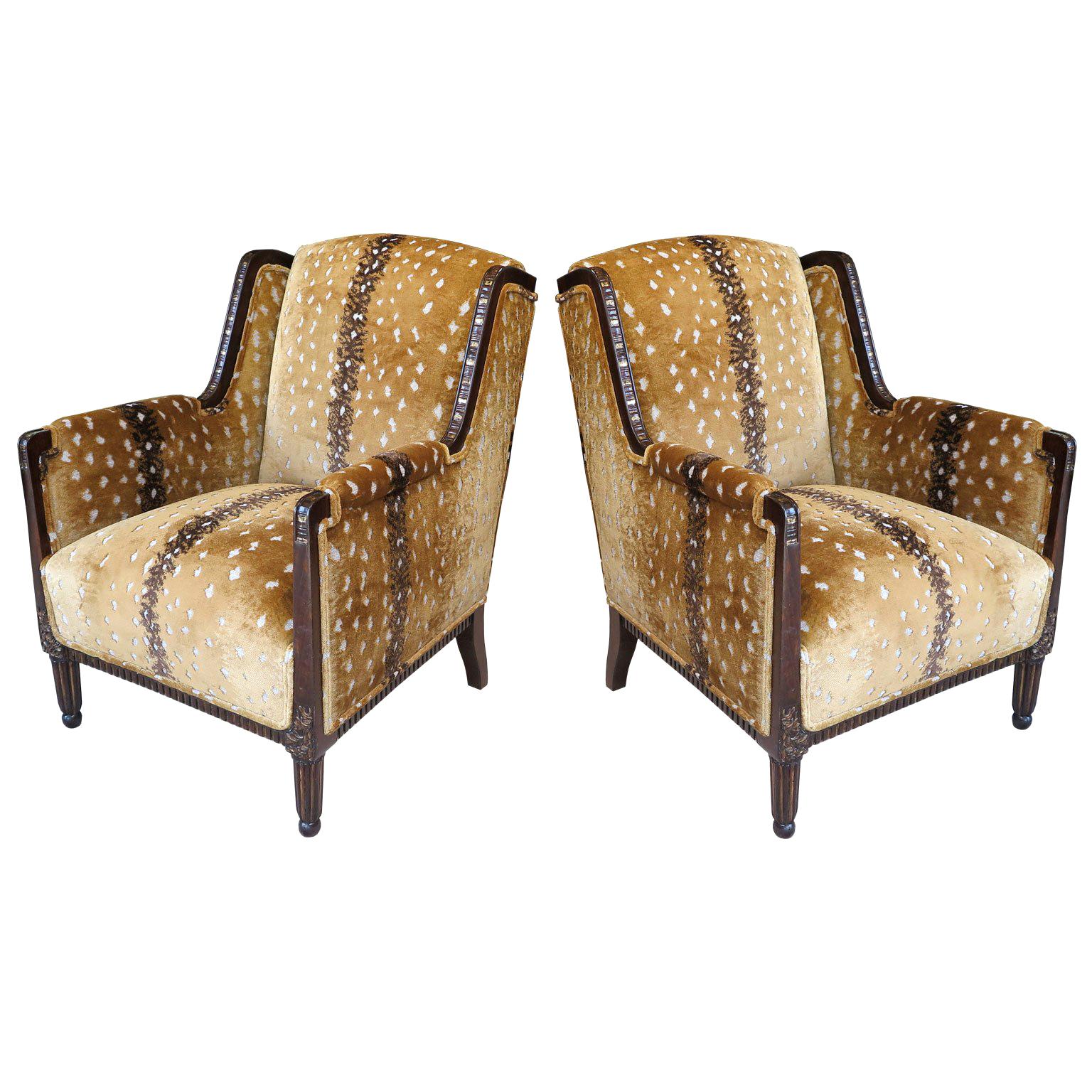 French Art Deco Classic Wingback Style Chairs in Antelope Fabric