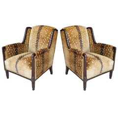 Antique French Art Deco Classic Wingback Style Chairs in Antelope Fabric