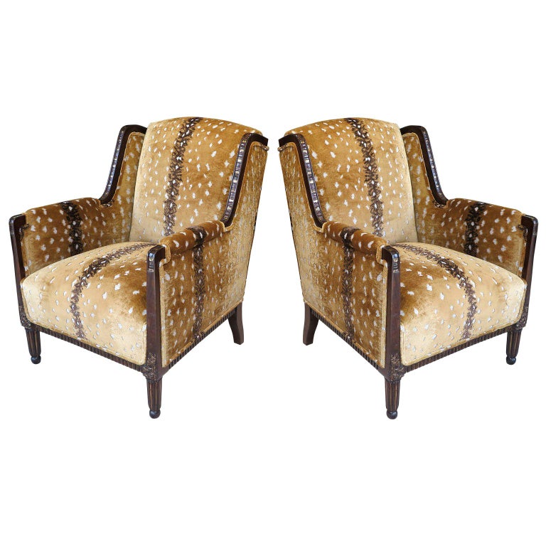 French Art Deco Classic Wingback Style Chairs in Antelope Fabric at
