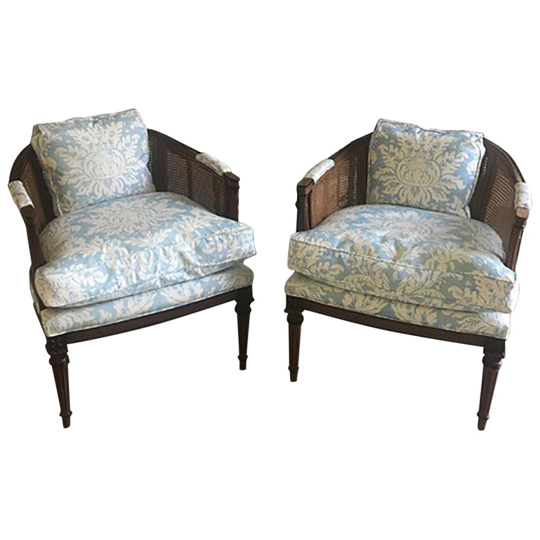 Barrel Back Cane Chairs in Light Floral Blue, a Pair