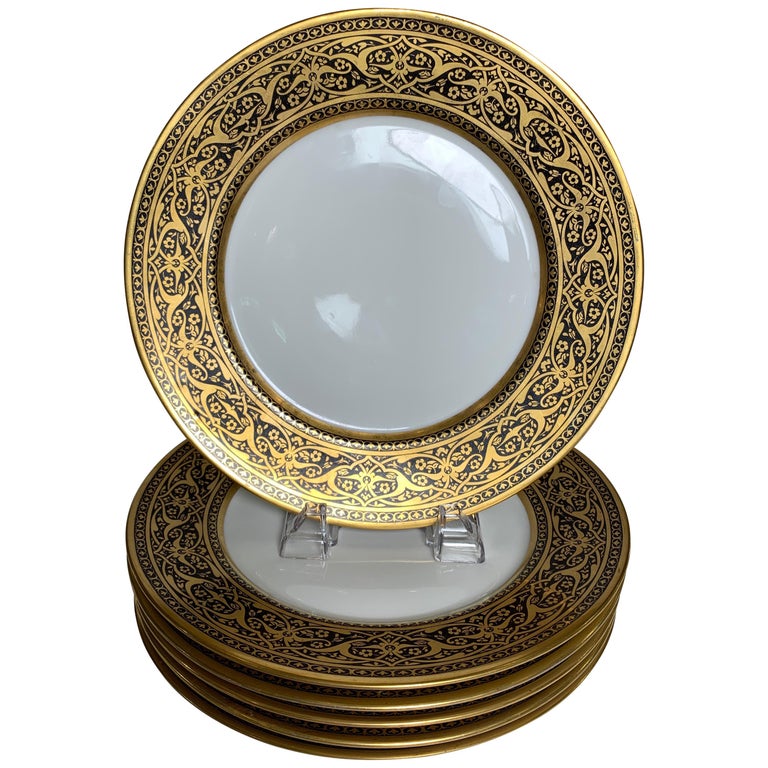 Set of 6 French Black and Gold Service Dinner Plates For Sale at 1stDibs