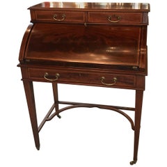 Antique Flame Mahogany Inlaid Fall Front Desk with Inlay