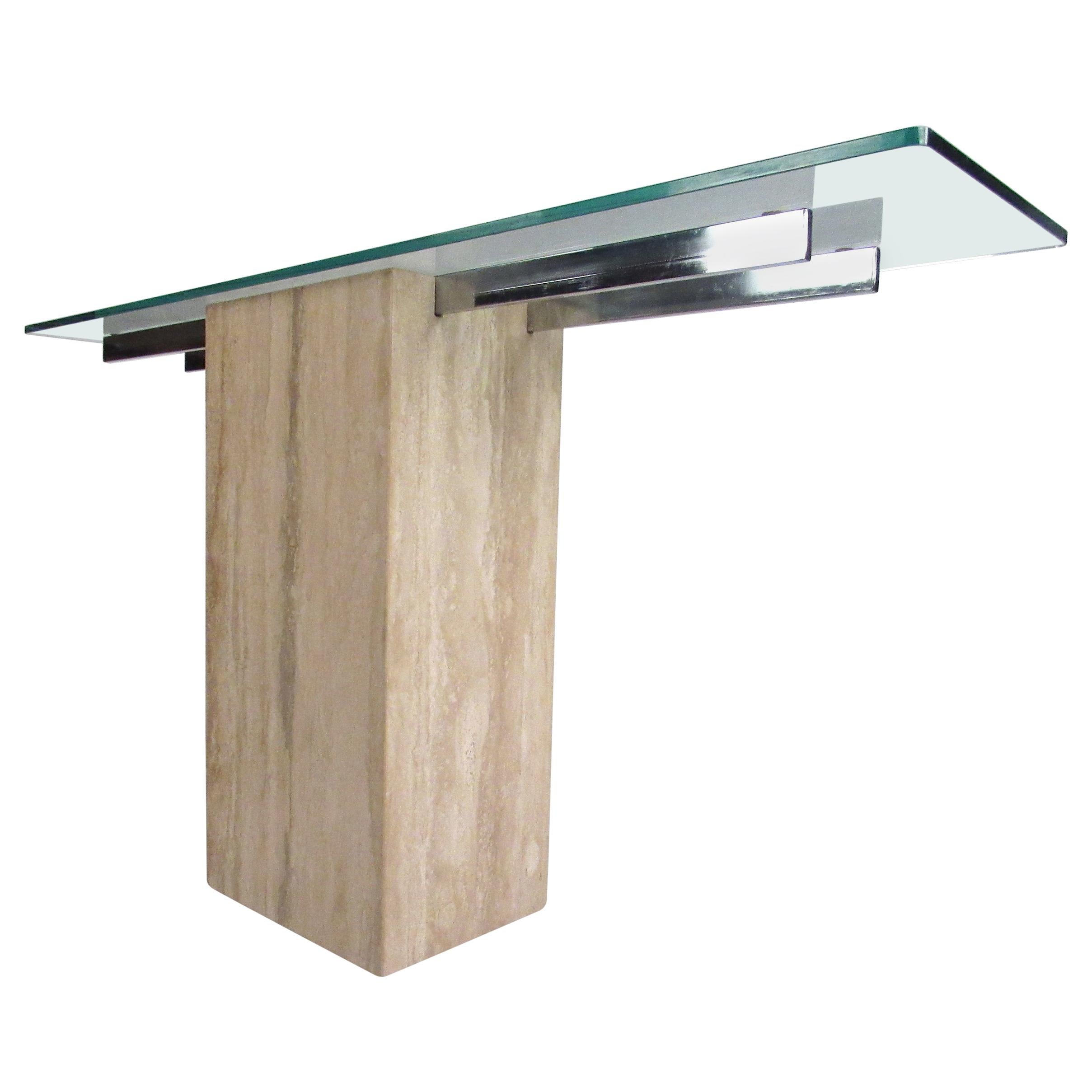 Midcentury Italian Travertine and Glass Console Table by Artedi, 1970s