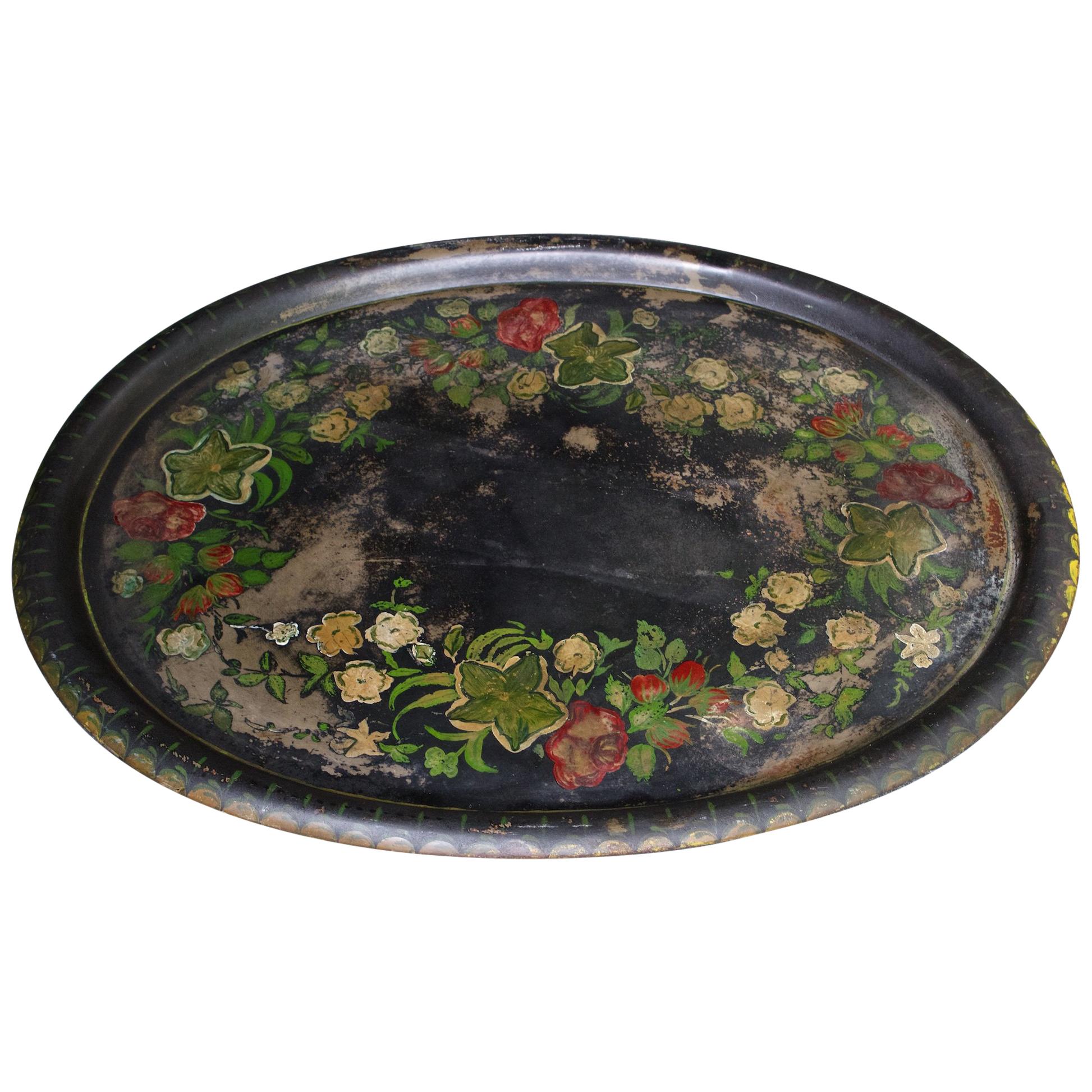 Large Toleware Tray Hand Painted Late 19th Century Floral and Black Steel
