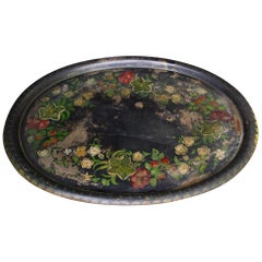 Large Toleware Tray Hand Painted Late 19th Century Floral and Black Steel