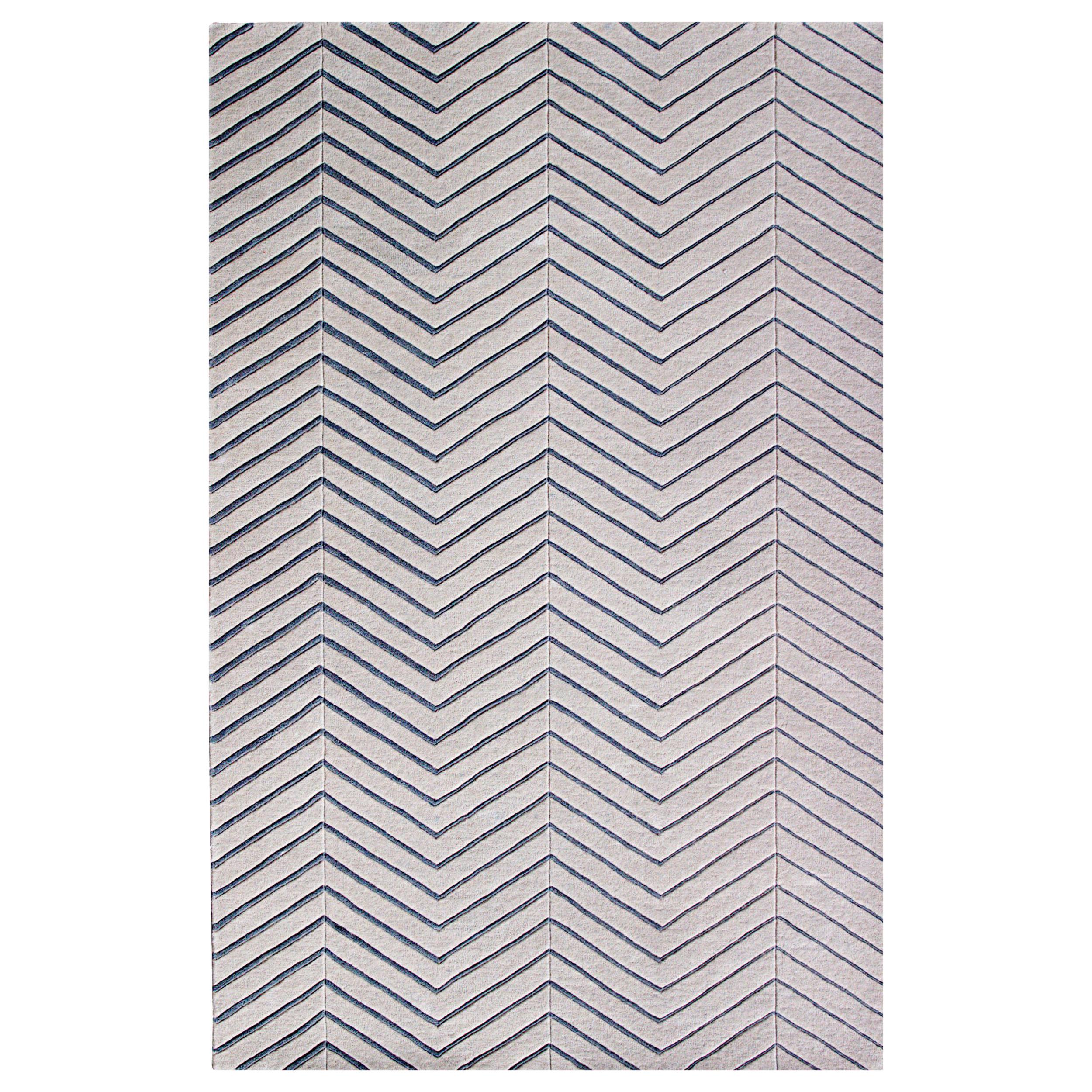 White Gray Contemporary Herringbone Wool rug 5x8