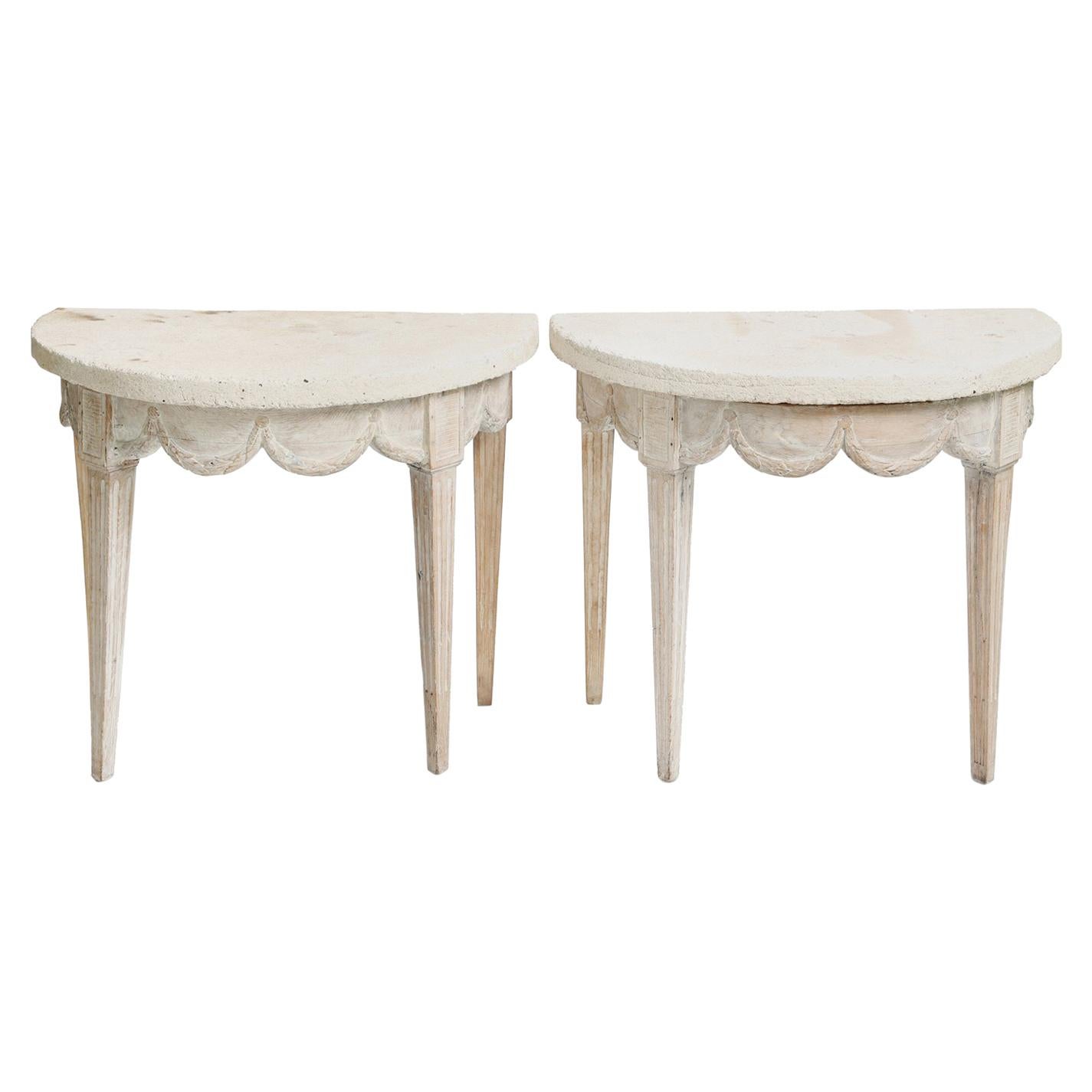 Pair of 18th Century French Demilune Consoles with Concrete Tops