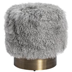 Long Curly Grey Sheepskin Pouf