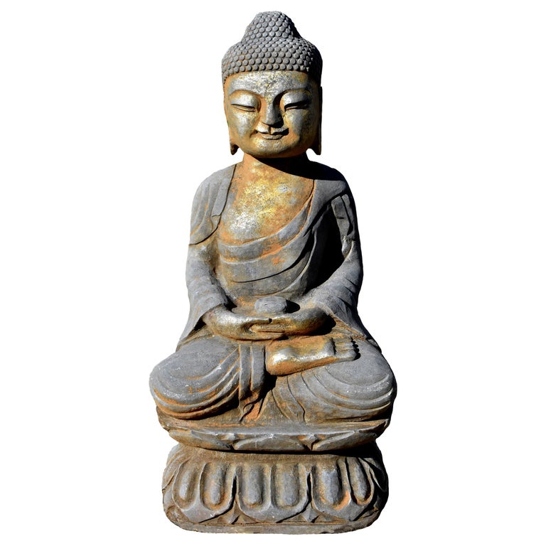 Gilt Stone Buddha Statue Holding a Pearl, Hand Carved For Sale at 1stdibs