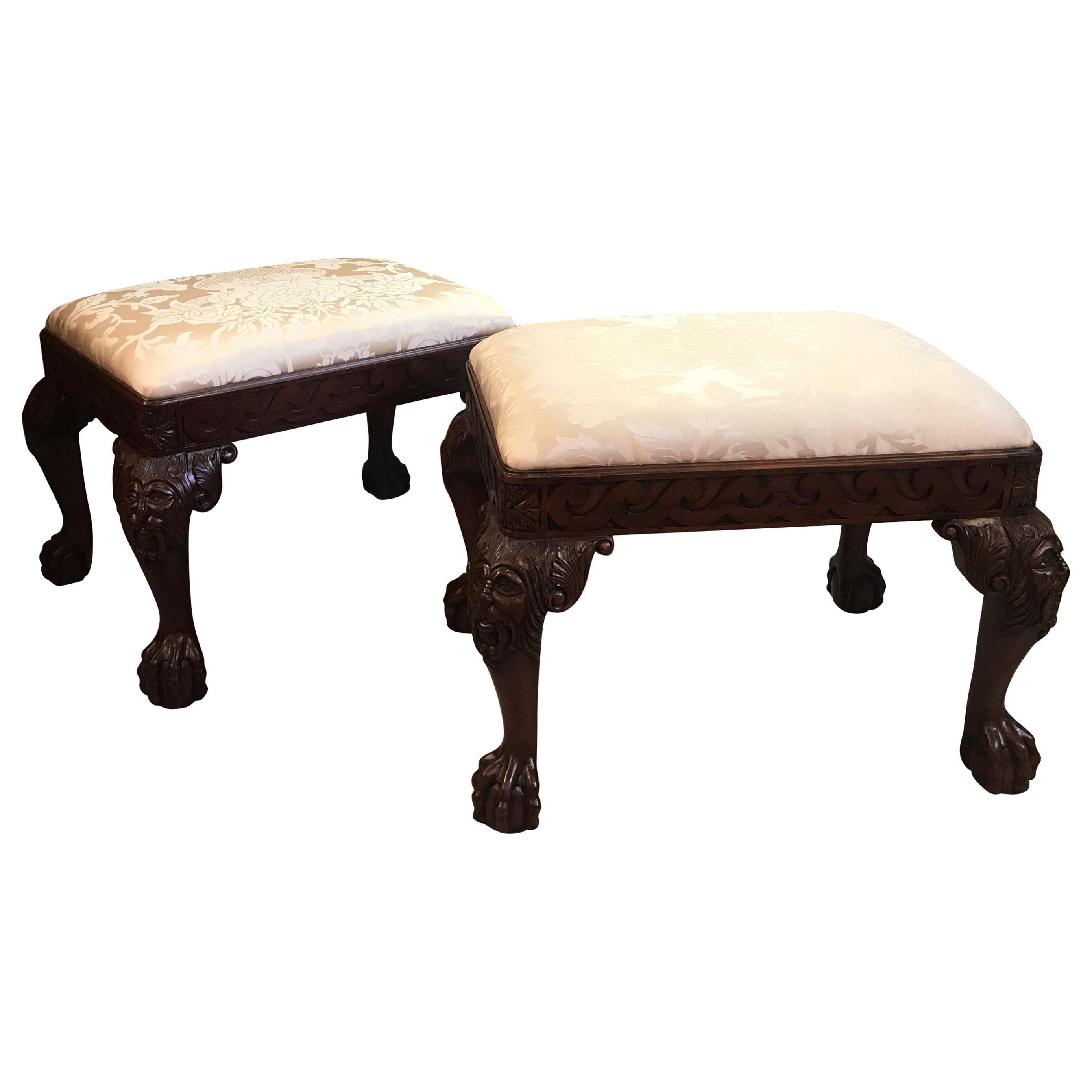 Pair of Carved Mahogany Chippendale Style Benches