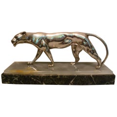 Art Deco Silvered Bronze Sculpture of Walking Panther by Joseph d'Aste, 1920s