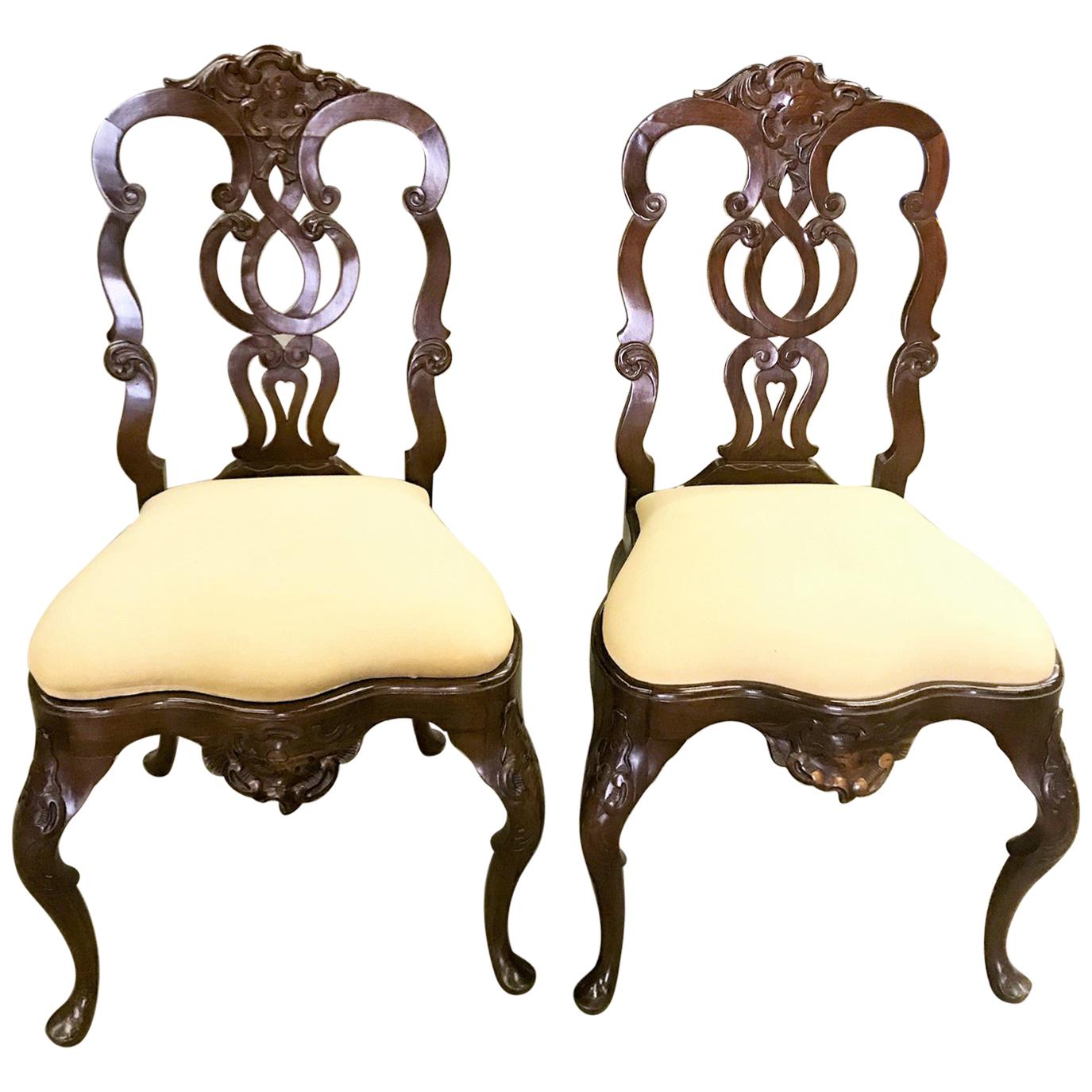 Pair Portuguese Rococo Jacaranda Hand carved Wood Dining Side Chairs Antique LA
