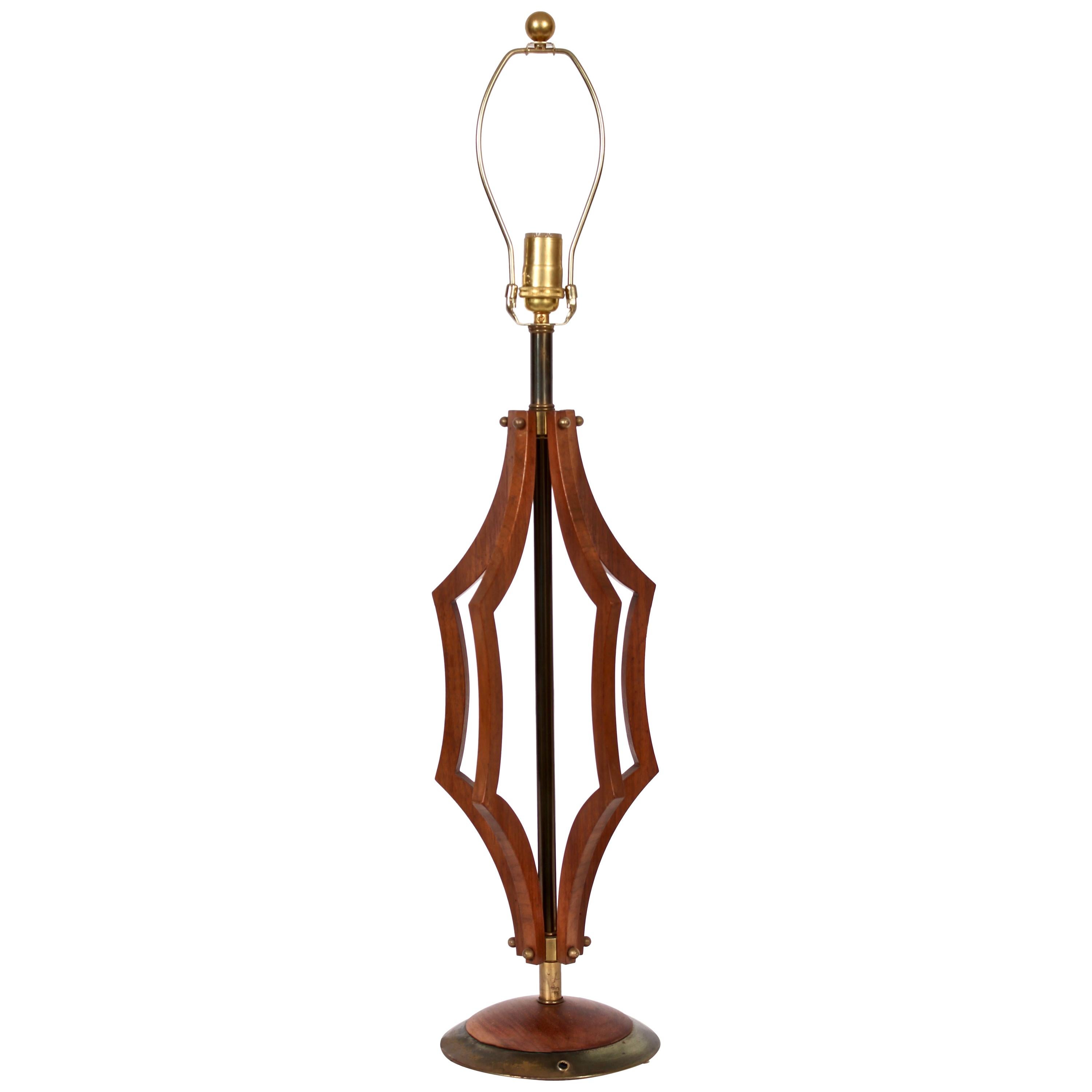 Monumental American Mid Century Geometric Cut Out Walnut Table Lamp, circa 1960