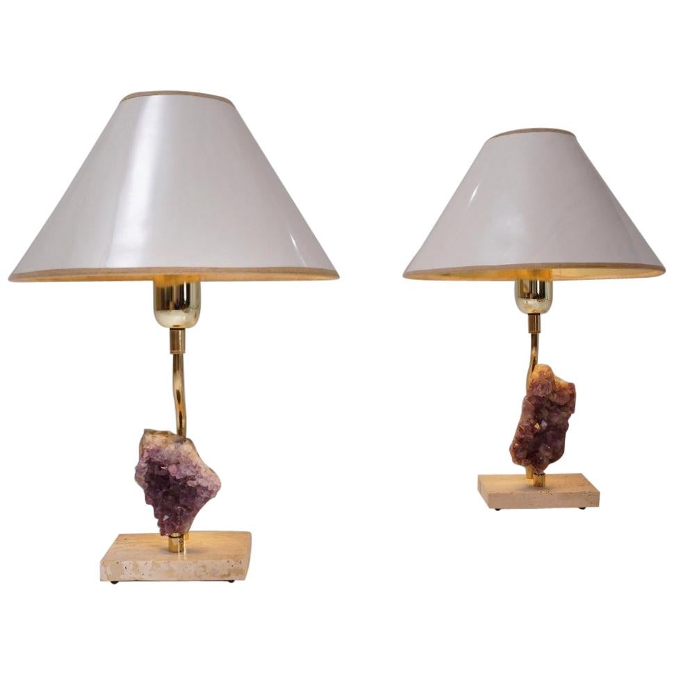 Willy Daro Lamps, a Pair with Brass Frames Holding Amethyst Crystals For Sale
