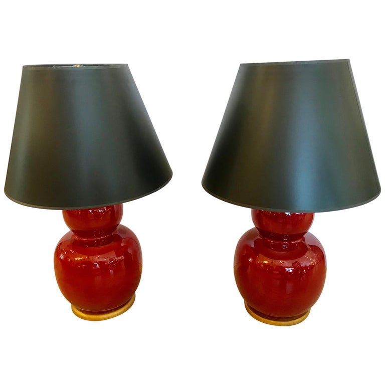 Big Gutsy Large Brick Red Ceramic Table Lamps with Black Shades at 1stDibs