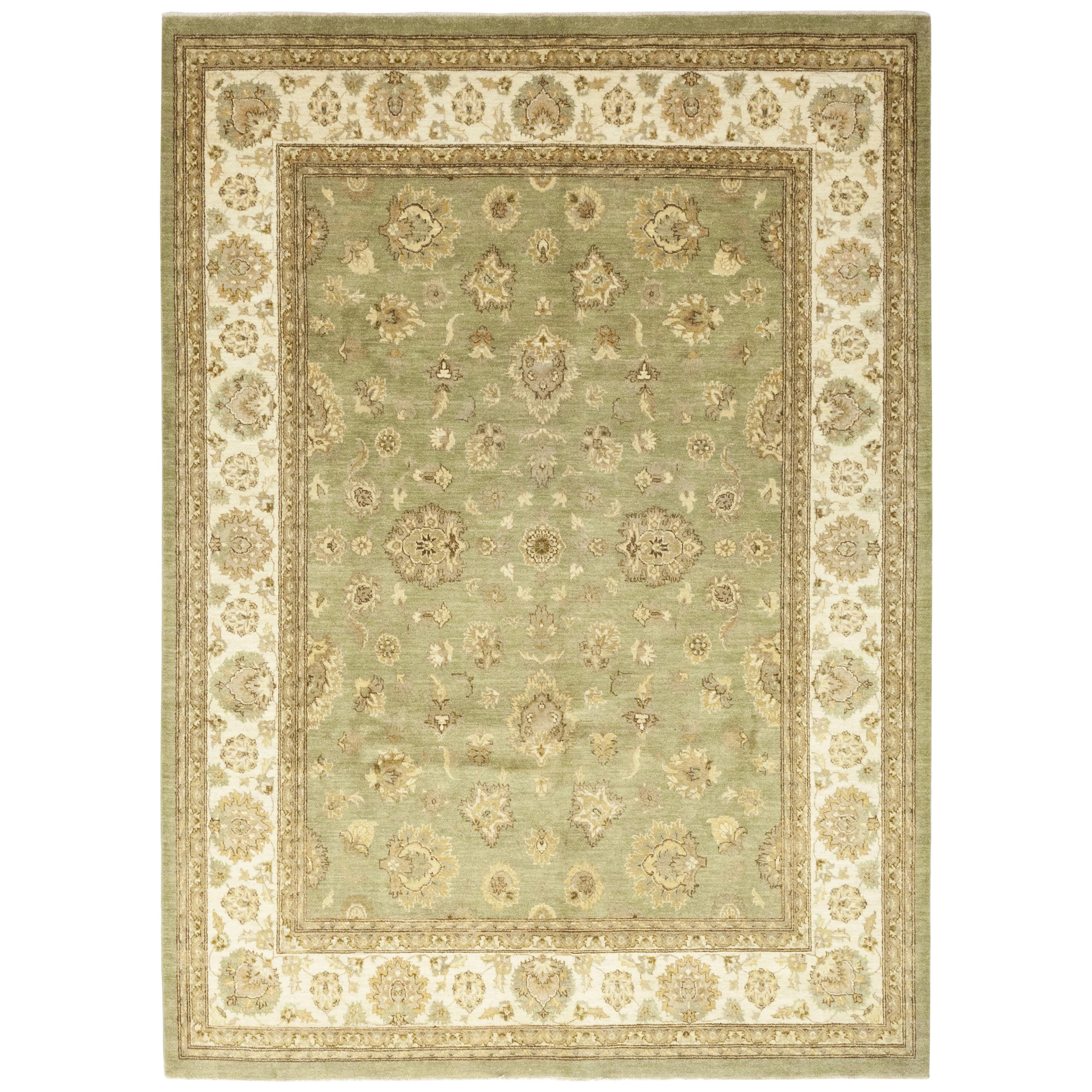Green Floral Hand Knotted Oushak Style Area Rug