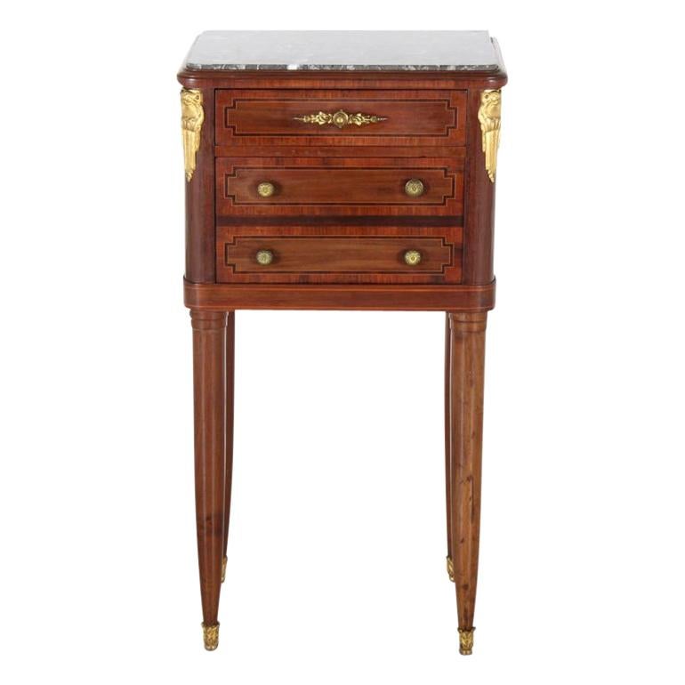 French Inlaid Mahogany Marble-Top Louis XVI-Style Nightstand