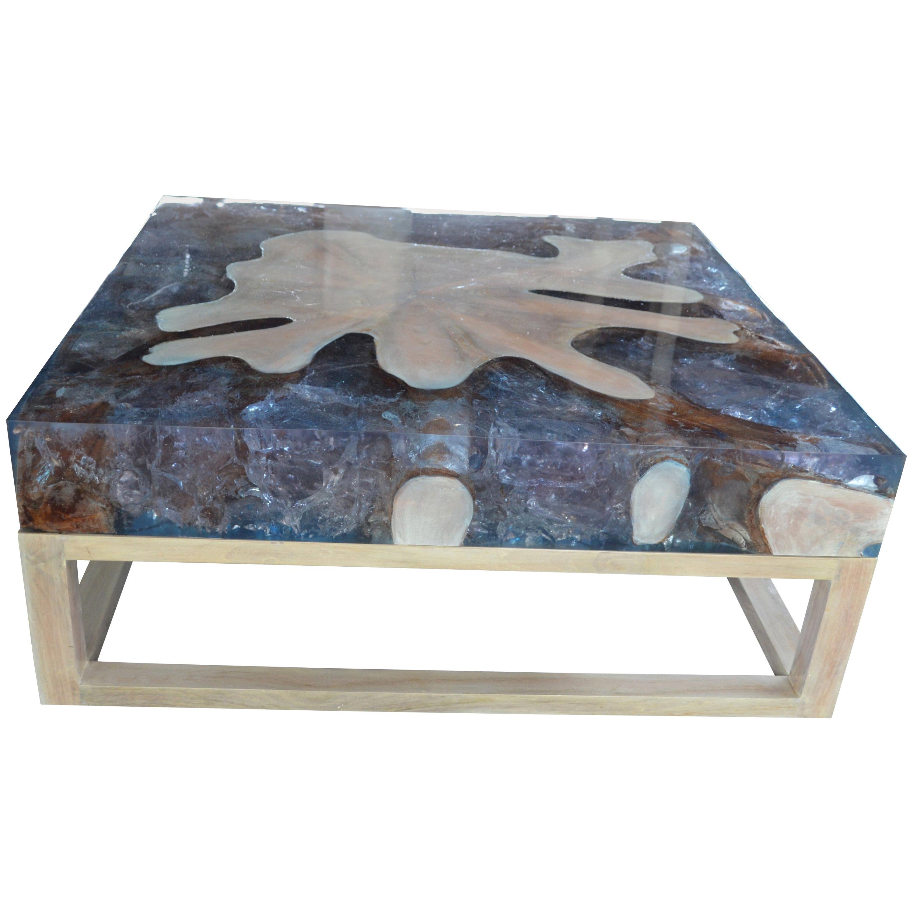 Andrianna Shamaris St. Barts Teak Wood and Cracked Resin Coffee Table For Sale
