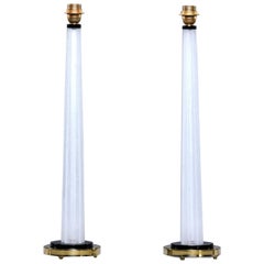 Pair of Tall Slender Seguso White Murano Glass Lamps