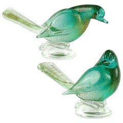 Archimede Seguso - Figurine d'oiseaux colombes en verre d'art italien de Murano, vert et moucheté d'or