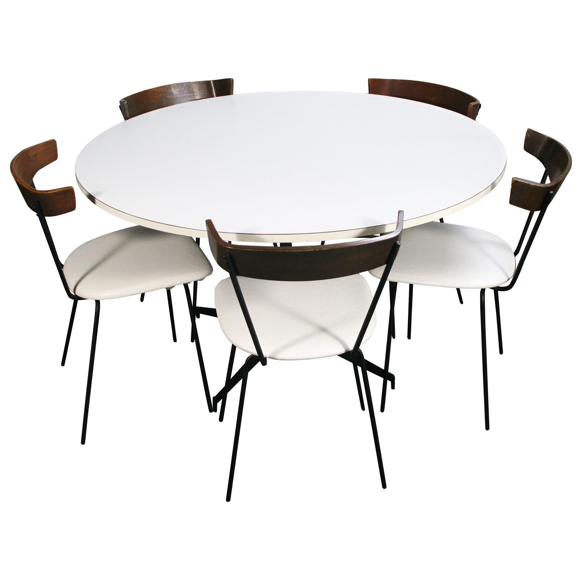Midcentury Clifford Pascoe Dining Set 5 Chairs and Round Table White Vinyl Iron