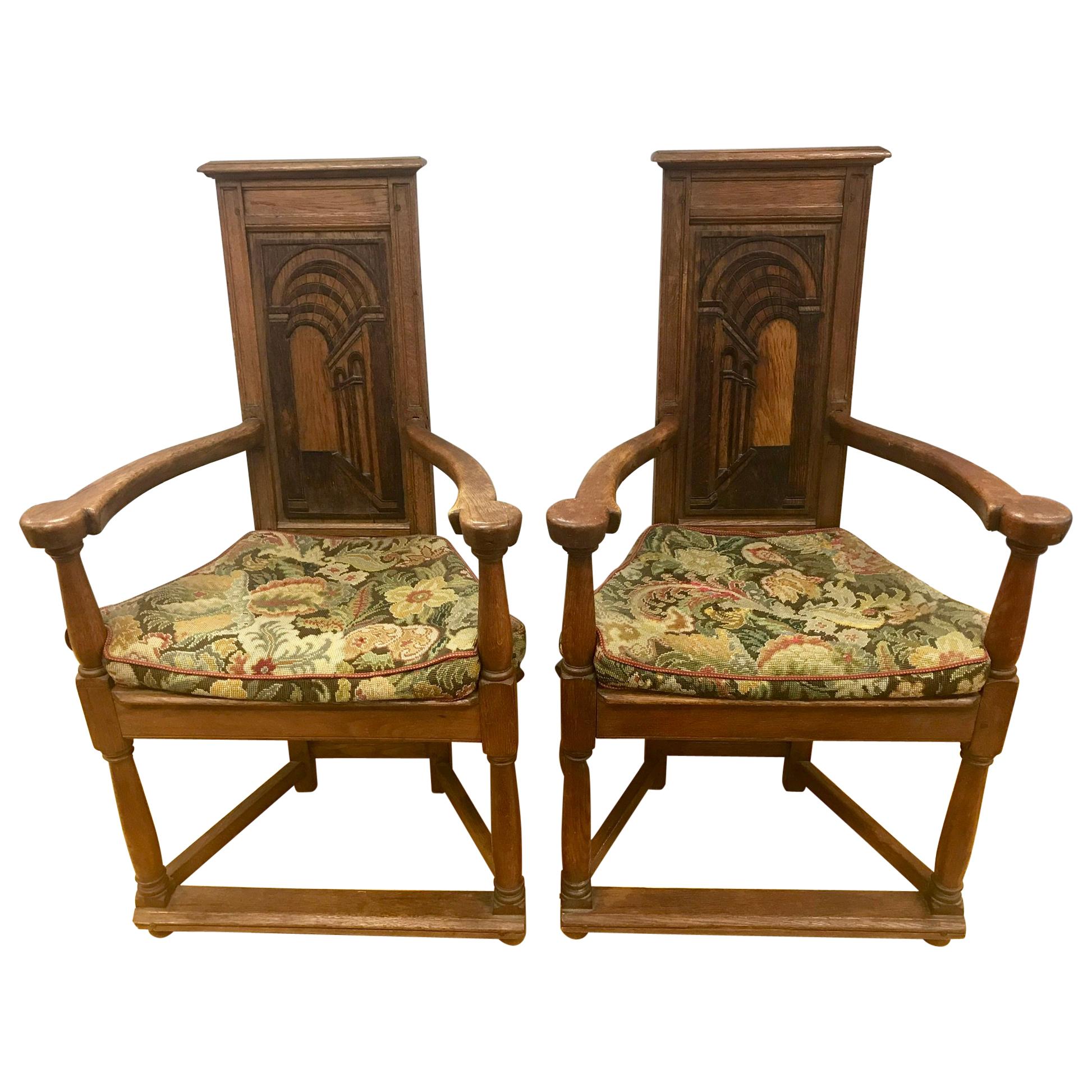 Antique French Gothic Armchairs Chairs with Original Tapestry Upholstery