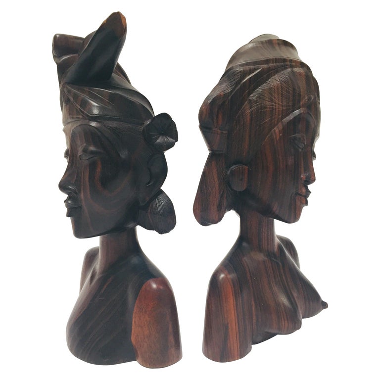 Hand Carved Wooden Balinese Busts Bookends For Sale