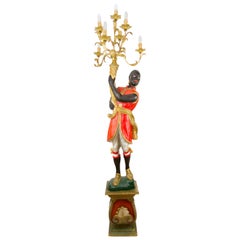 Italian Carved Wood Figural Torchère Candelabra Seven-Light Floor Lamp, 1950s