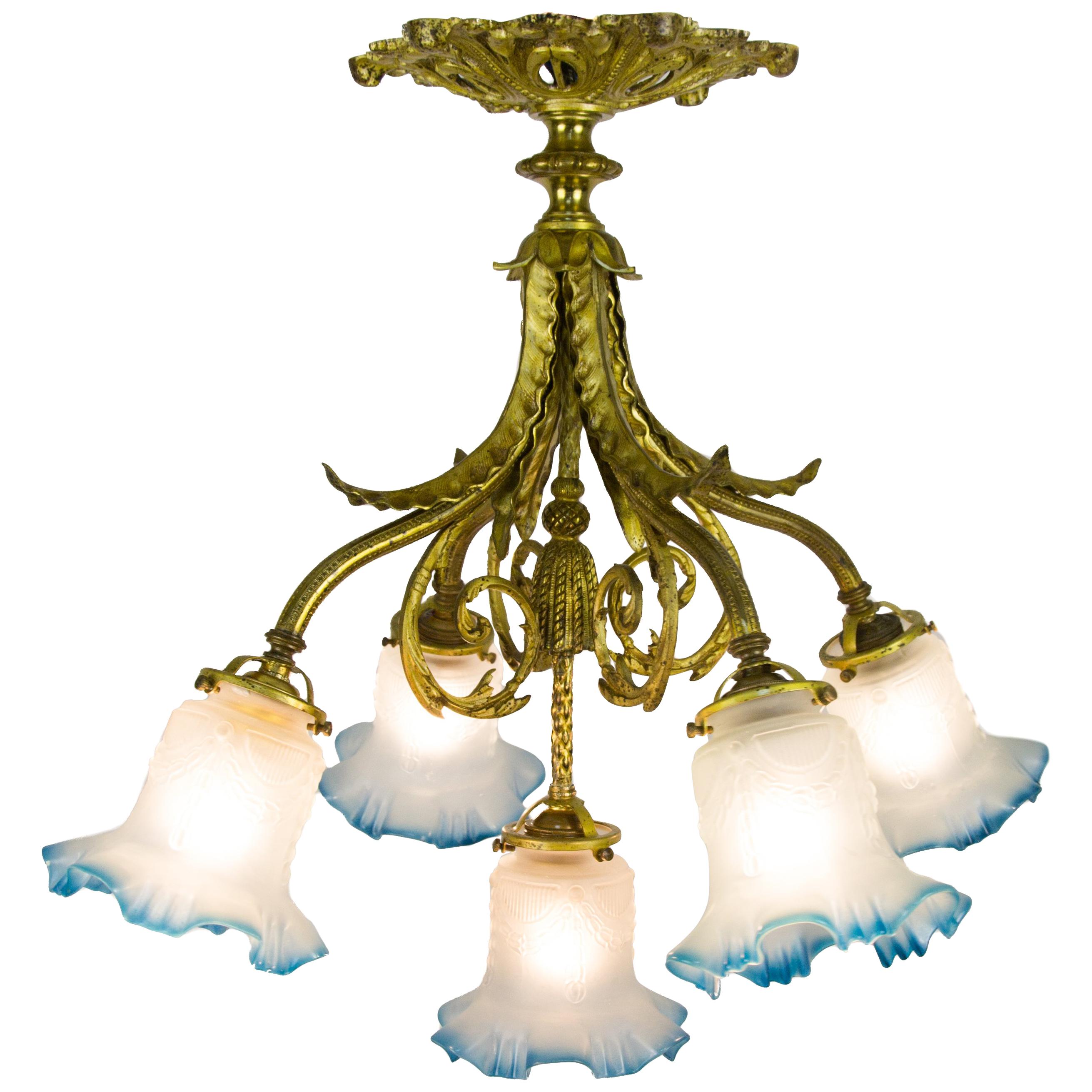 French Louis XVI Style Bronze and Frosted Glass Five-Light Chandelier, 1920s