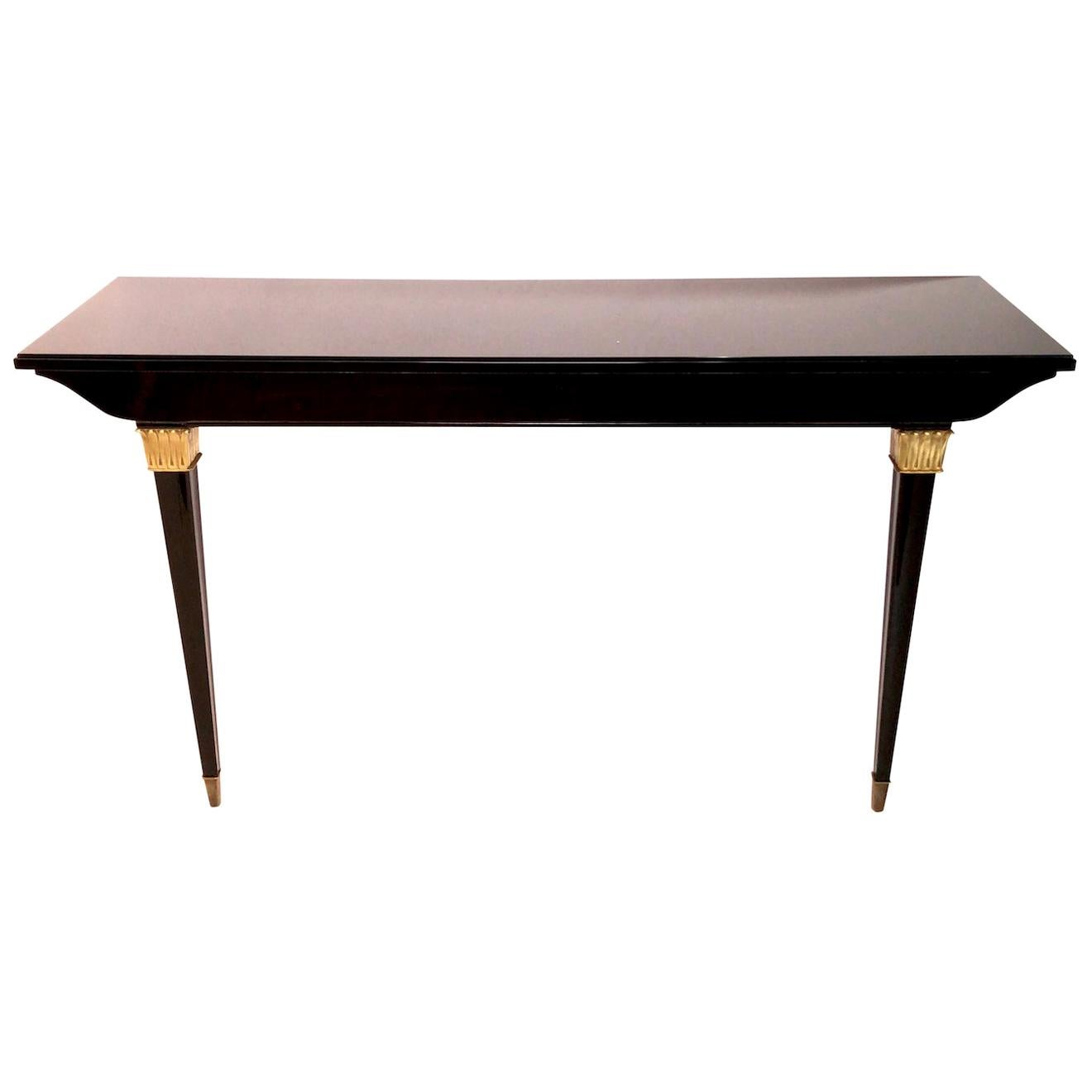 Black Art Deco Console Table Two Thin Feed Metal Sabots and Golden Applications For Sale