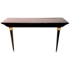 Used Black Art Deco Console Table Two Thin Feed Metal Sabots and Golden Applications