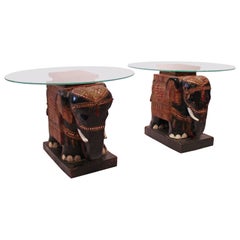 Antique Pair Of Sidetables With Glass Plate & Bottom Of Chinese Elephants From 1880s