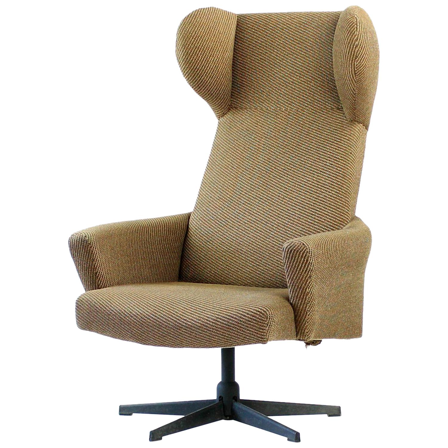 1970s Swivel Wing Chair in Original Brown Fabric, Czechoslovakia For Sale