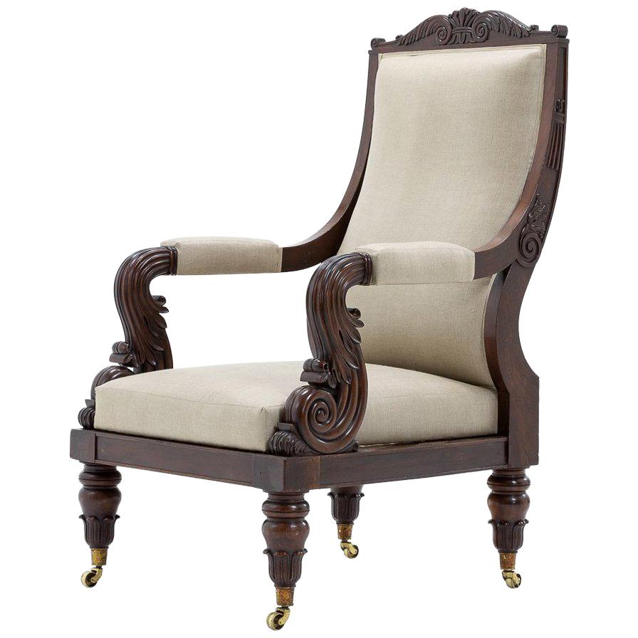 Early 19th Century French Carved Mahogany Armchair For Sale