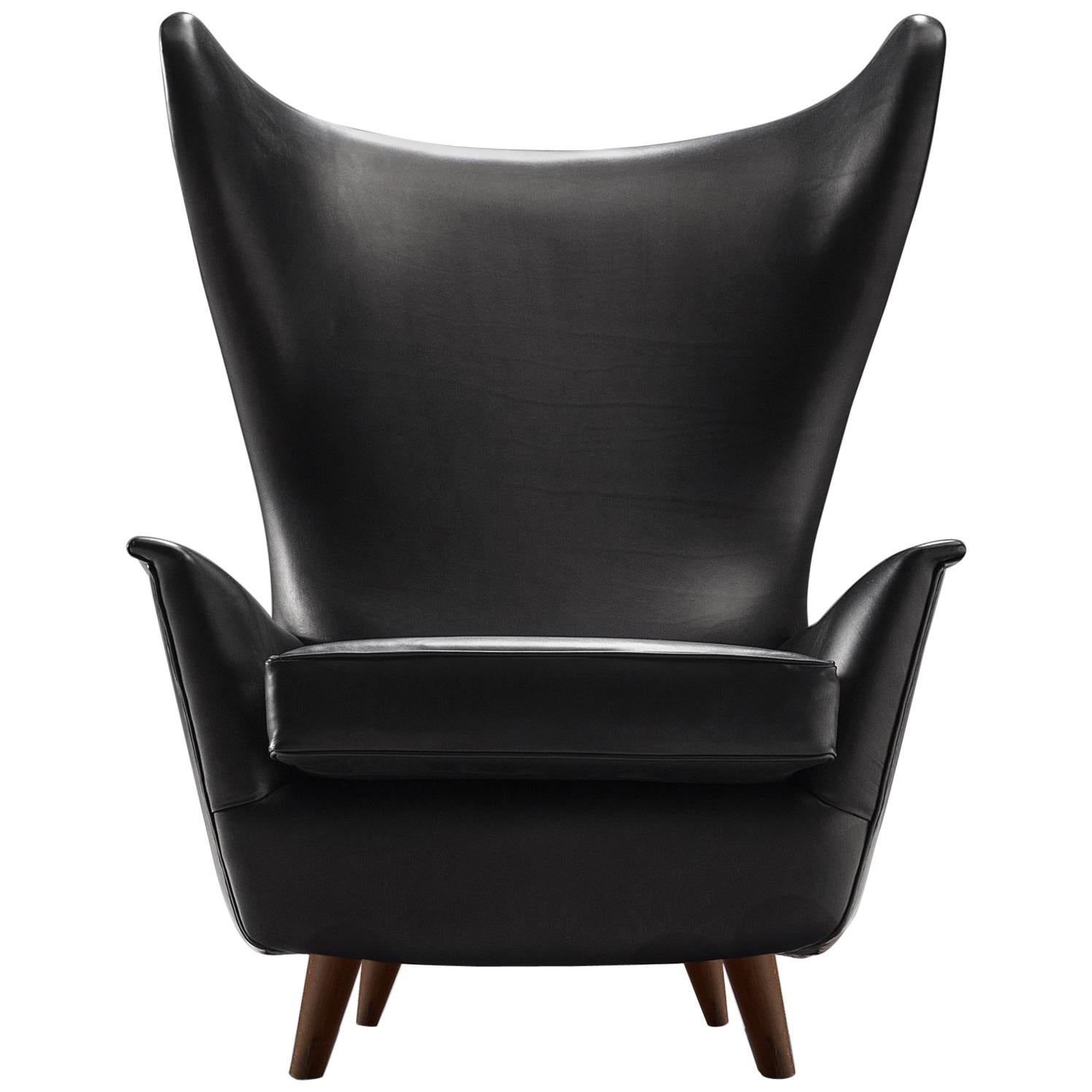 Grand Italian Wingback Chair Reupholstered in Black Analine Leather