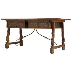 18th Century Spanish Walnut Trestle Table with Iron Stretcher