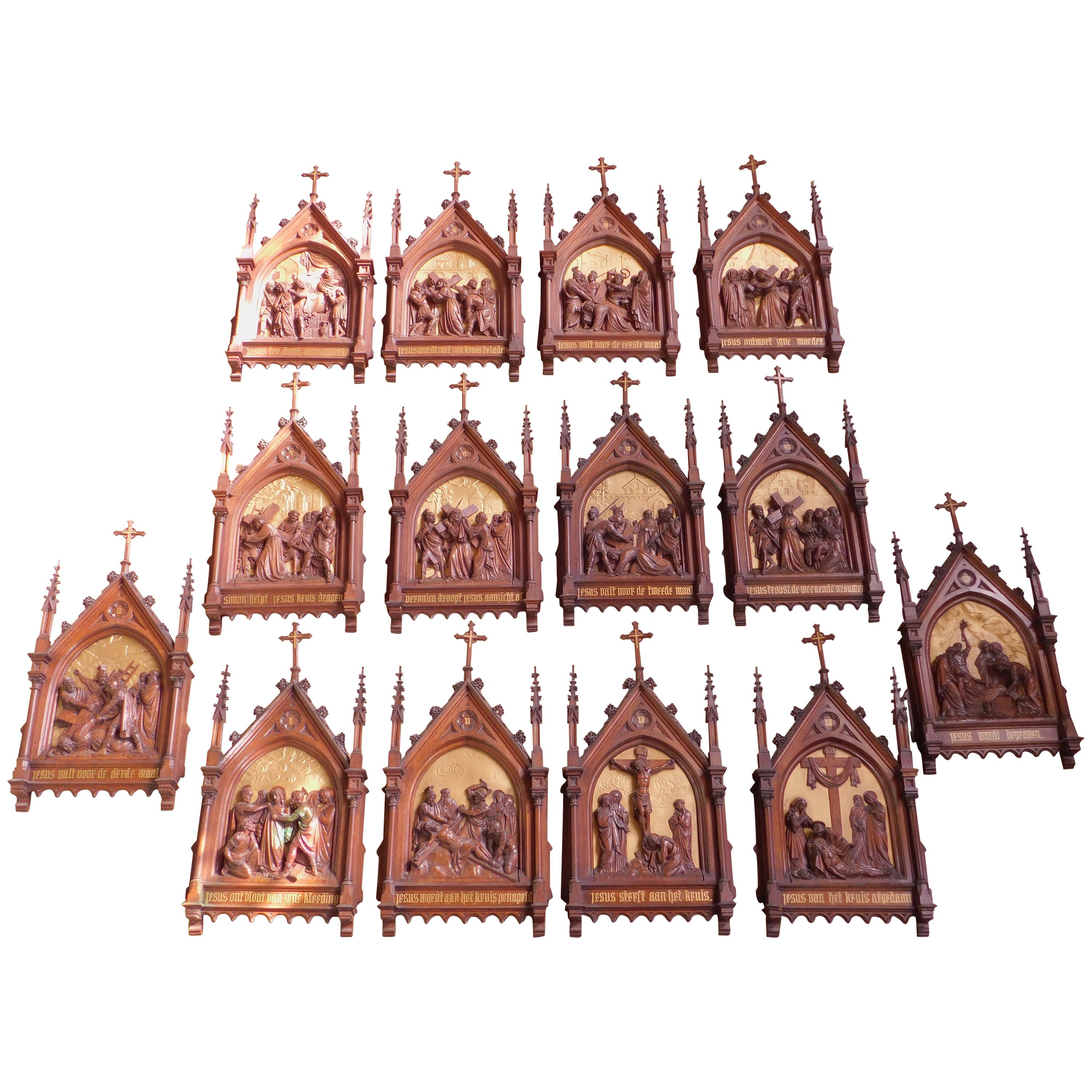 Set of Fourteen Belgian Hand Carved Oak Plaques "Stations of The Cross"