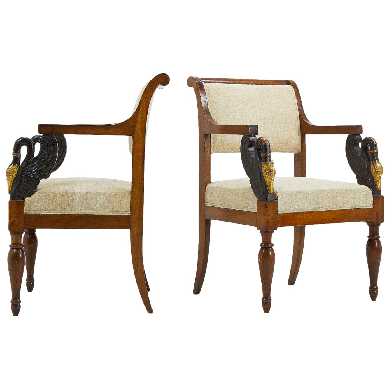 Pair of Early 19th Century Italian Walnut and Ebonised Chairs with Gilding