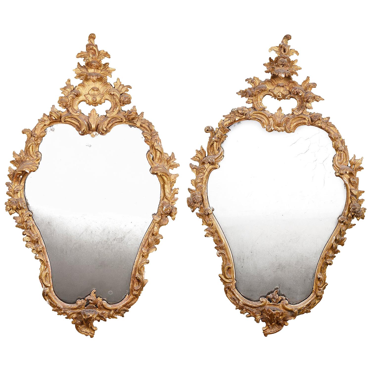 Pair of 18th Century Italian Carved Giltwood Mirrors For Sale