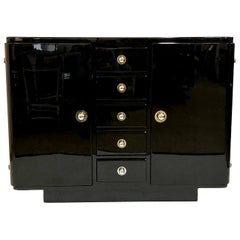 French Art Deco Sideboard in Black Piano Lacquer with Five Drawers and Two Doors