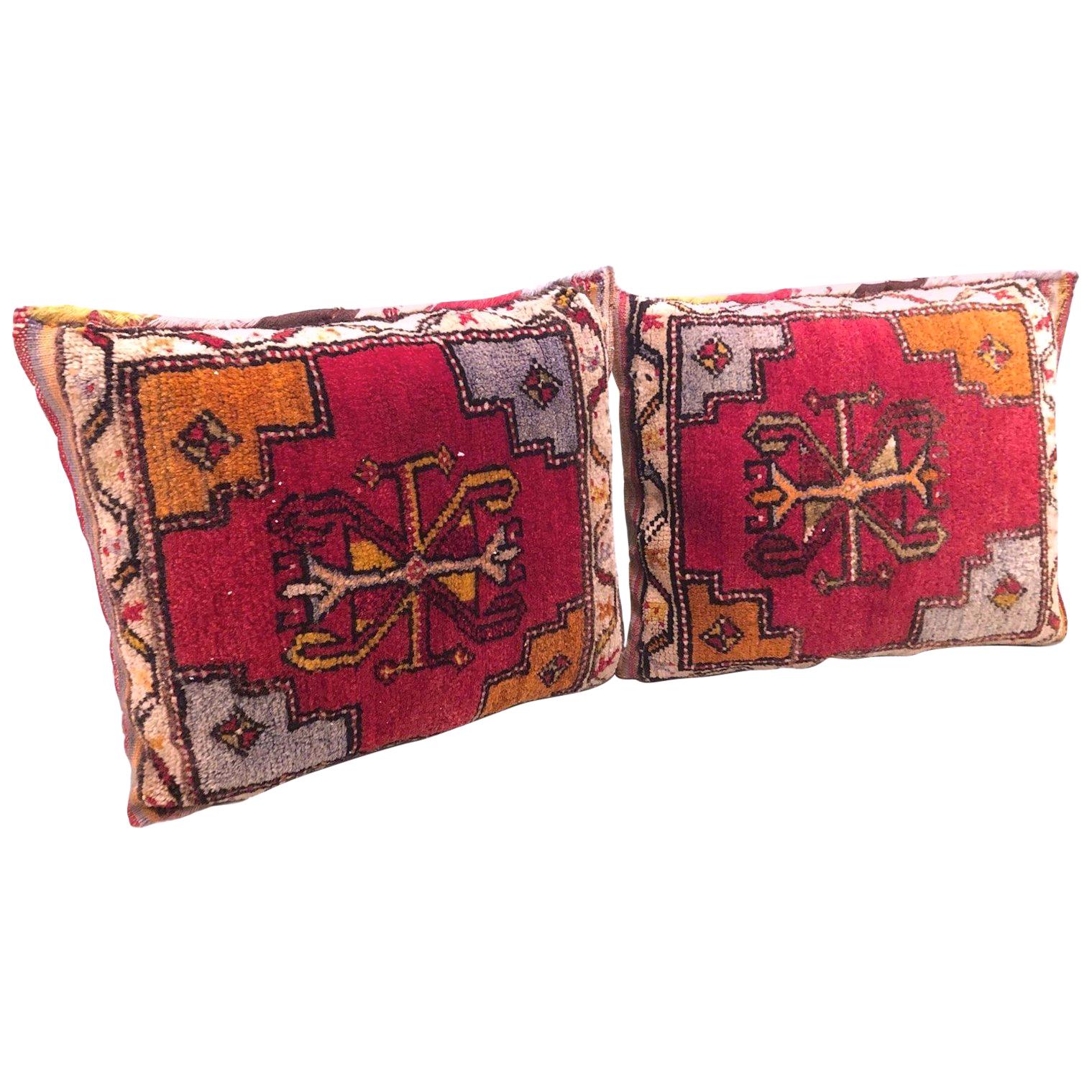Pair of Gypsy Turkish Oriental Salt Bag or Rug Embroidery Pillows For Sale